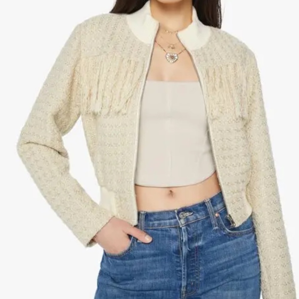 NWT mother the swisher jacket moon at noon Cream Fringe Tweed Zip Jacket